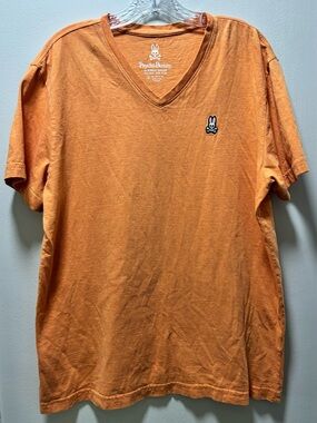 Psycho Bunny Shirt Mens Large Orange V Neck Logo Tee Pima Cotton Tagless